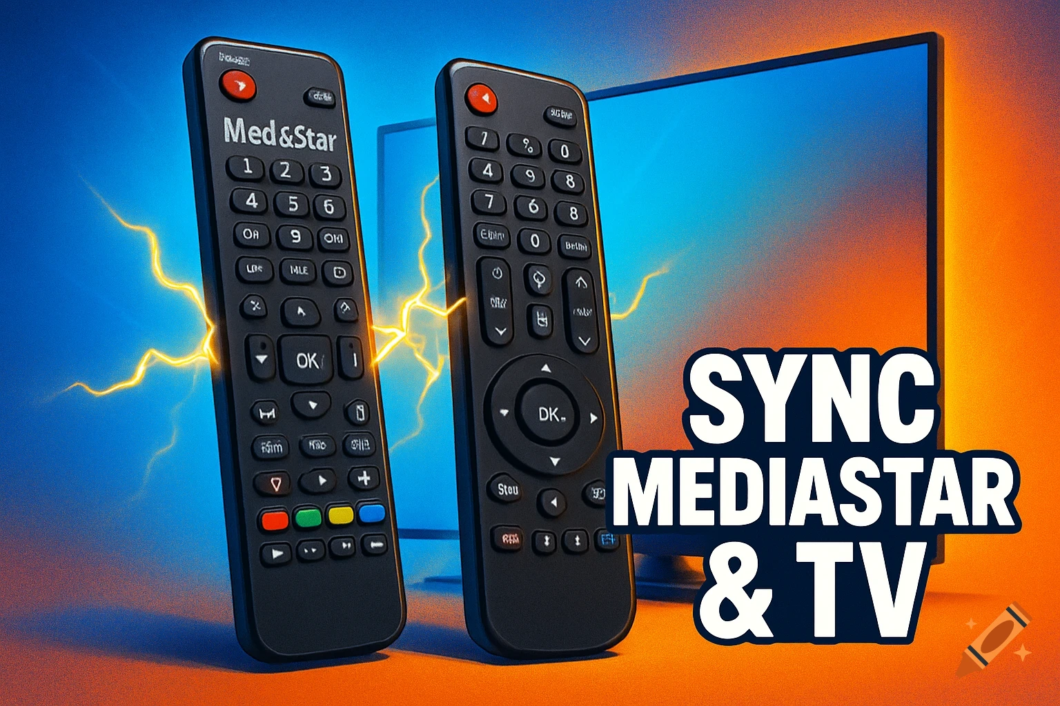 Two black remote controls with glowing lines connecting them, in front of a blue TV screen, with 'SYNC MEDIASTAR & TV' text. Vibrant blue and orange gradient background.