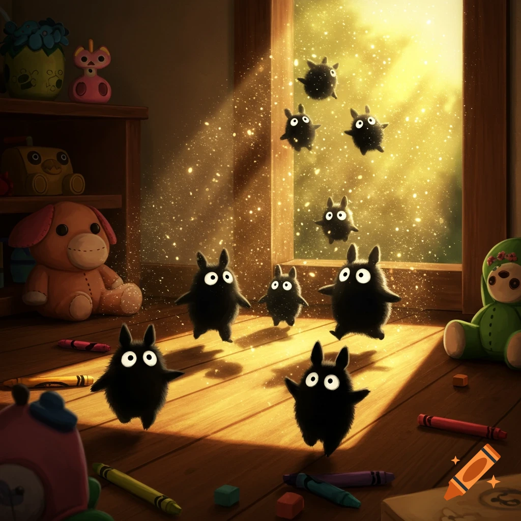 Black fuzzy soot sprites with big white eyes float and run across a sunlit wooden floor in a child's room, surrounded by glittering dust and toys.