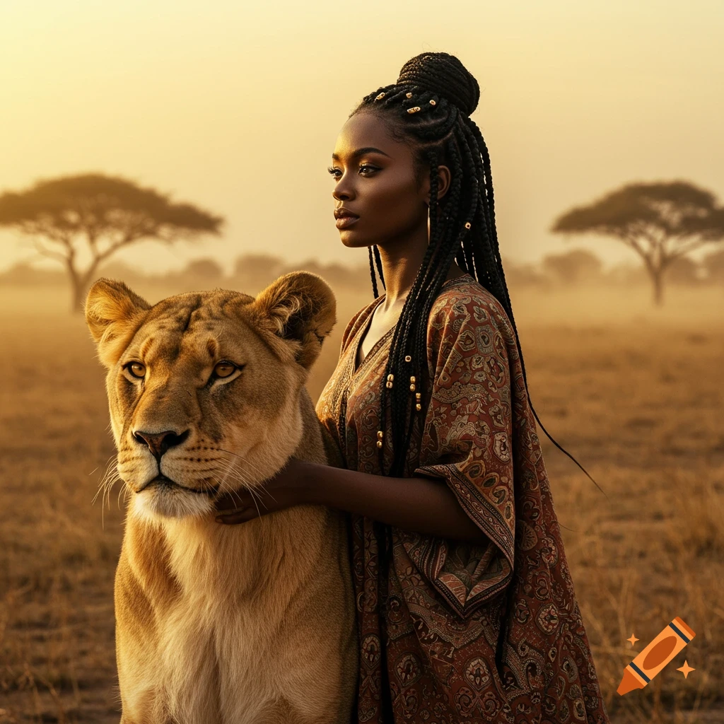 A Black woman with braided hair and a patterned dress stands beside a lion in a savanna at sunset.