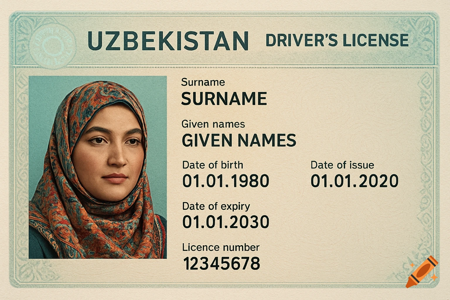 Photorealistic Uzbekistan driver's license with a portrait of a Muslim woman in a hijab, showing placeholder text for name and dates.