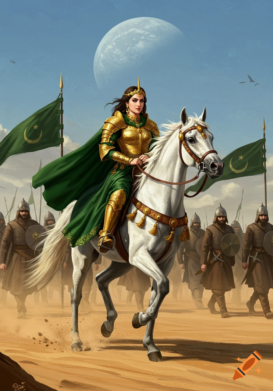 A queen in golden armor and green cape rides a white horse, leading her ...