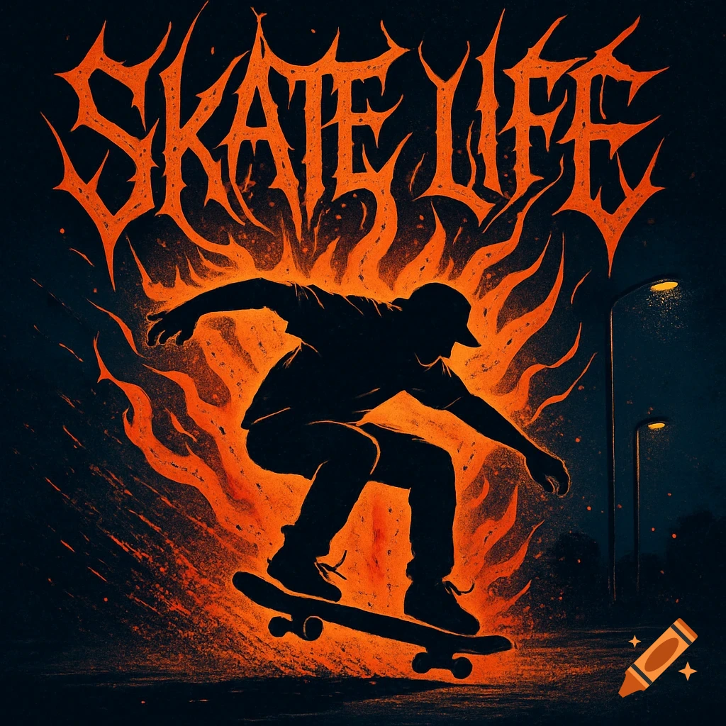 A fiery orange silhouette of a skateboarder in motion, with 'SKATE LIFE' in a jagged, deathcore font above.