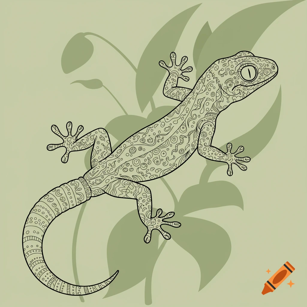 A detailed line art illustration of a gecko with intricate patterns on its body, against a light green background with subtle leaf shapes.