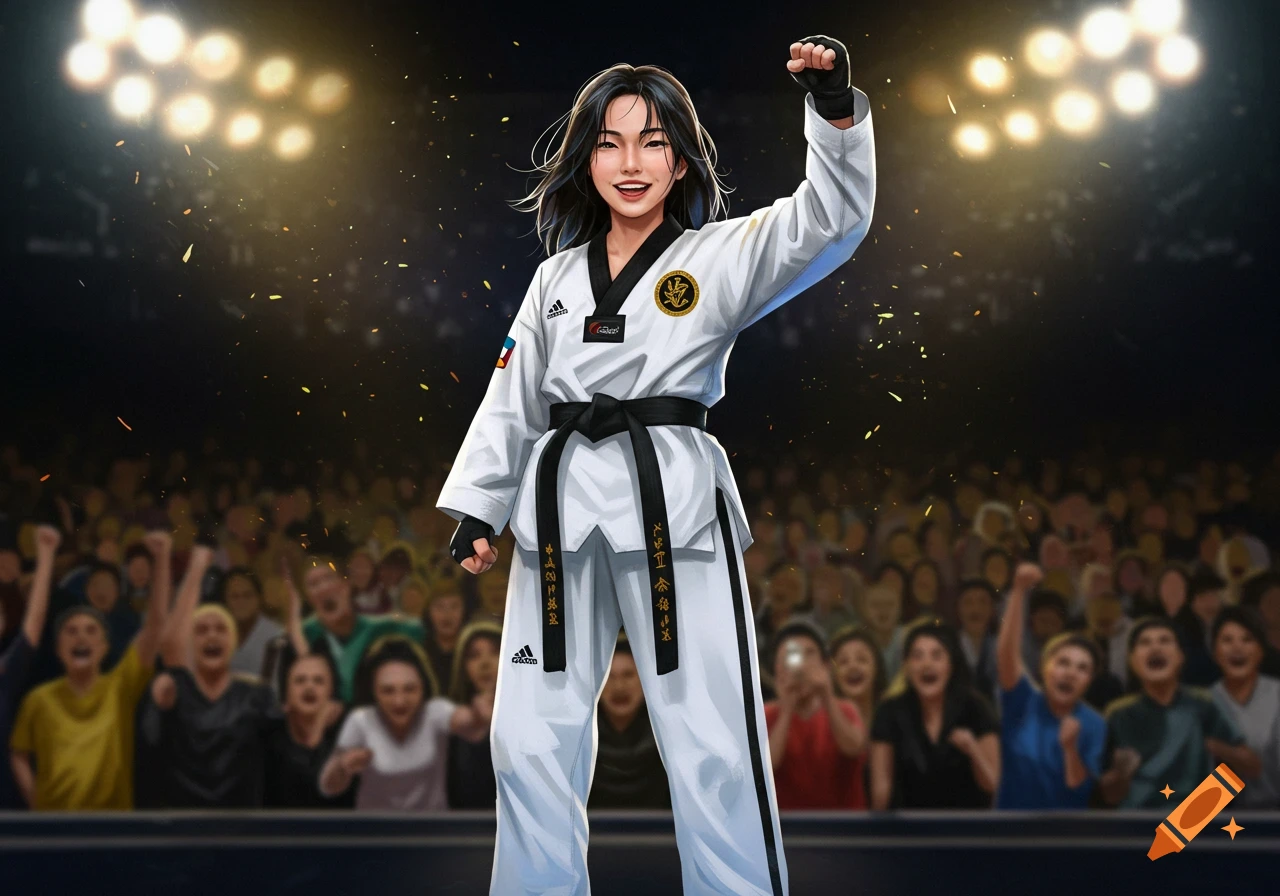 An anime-style female taekwondo athlete in a white uniform with a black belt, raising her fist victoriously in a brightly lit arena with a cheering crowd.