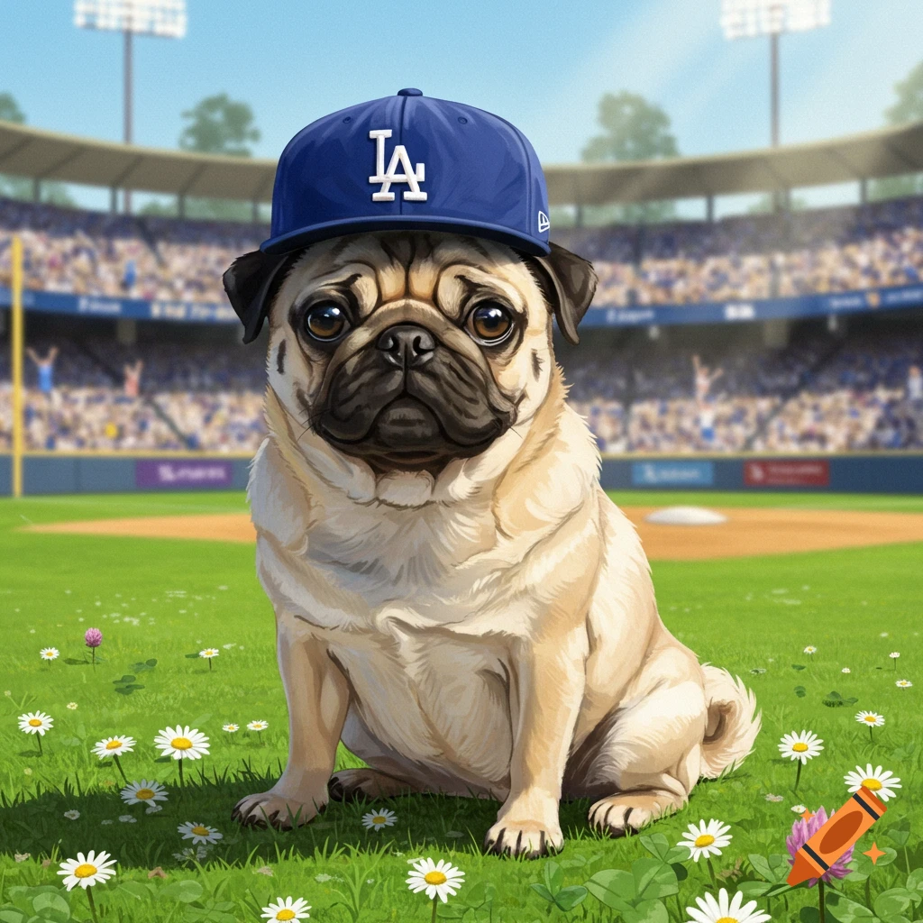 A cute pug dog wearing a blue Dodgers baseball cap sits on a grassy baseball field with a stadium in the background.