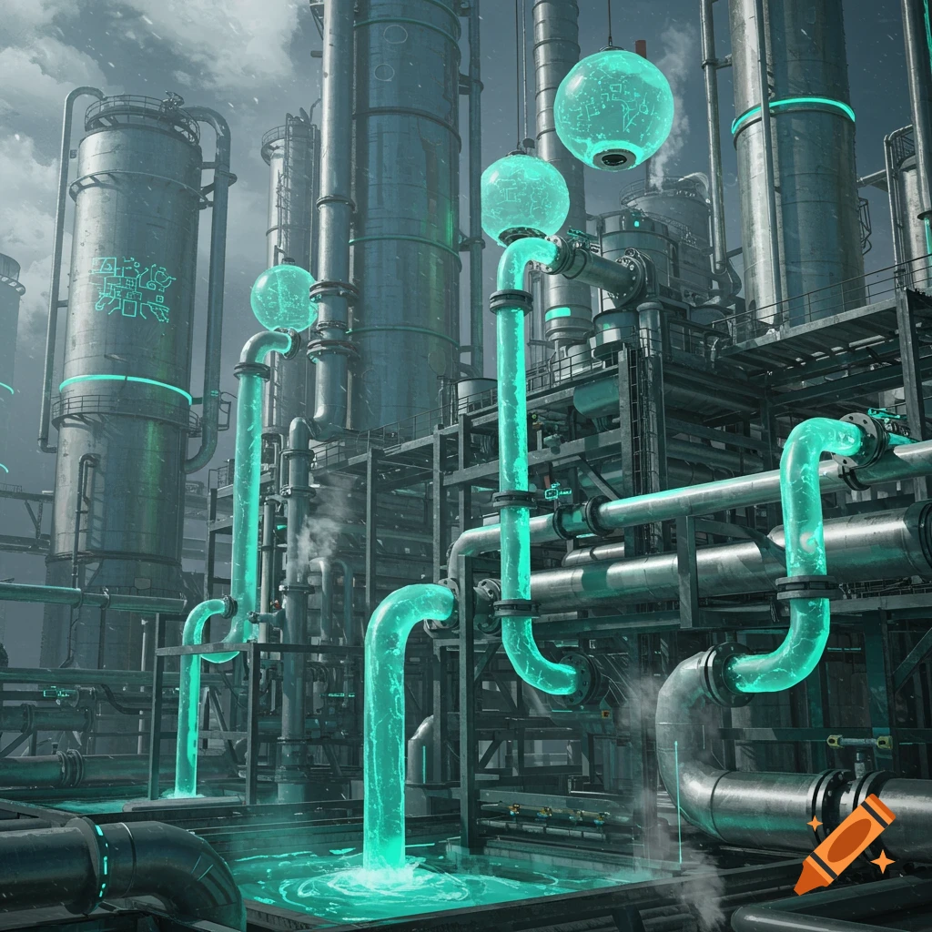 A futuristic industrial facility with tall tanks, pipes glowing with green liquid, and spherical lights under a cloudy sky.