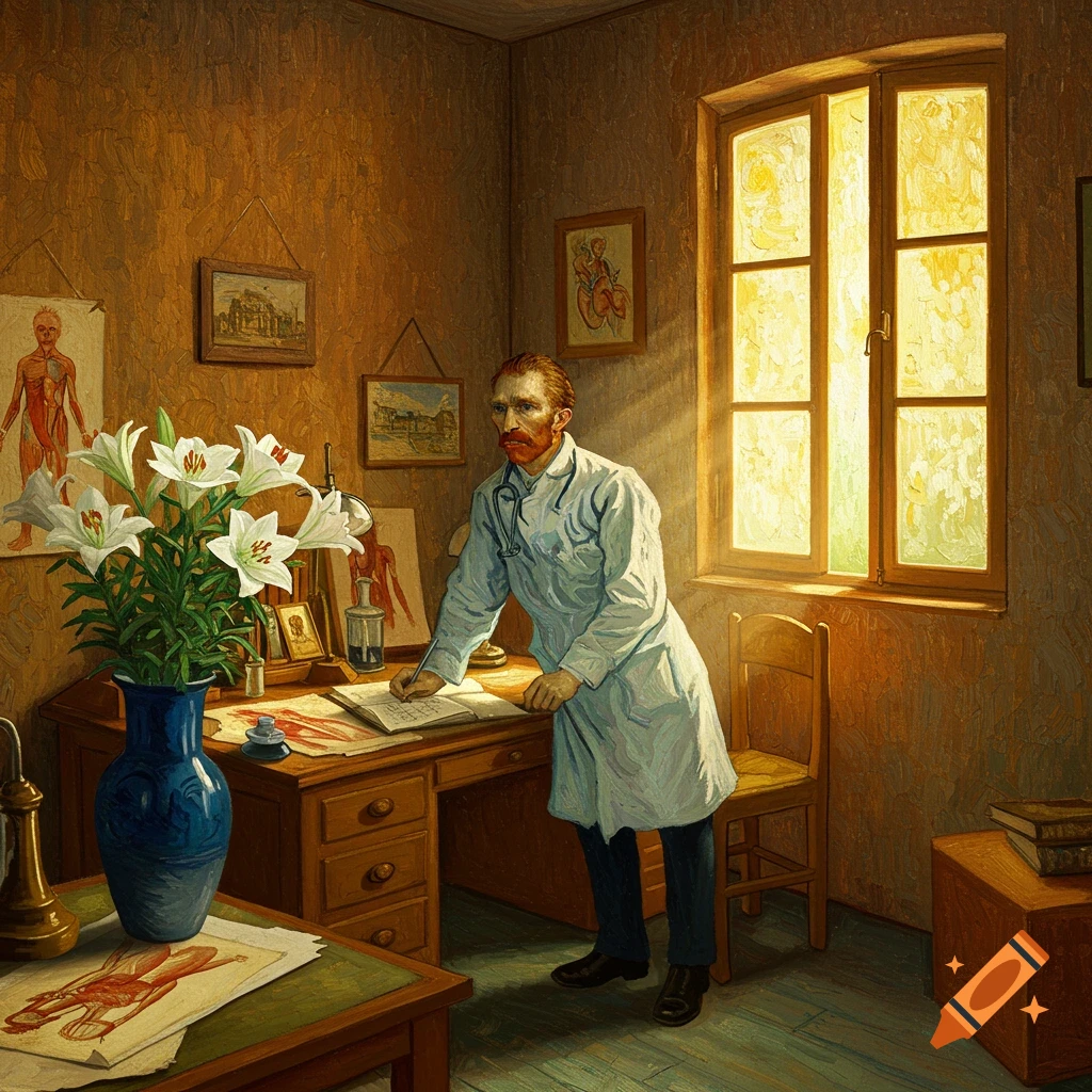 A Van Gogh style painting depicts a man resembling Van Gogh in a doctor's coat, writing at a desk in a sunlit room with medical diagrams and lilies.