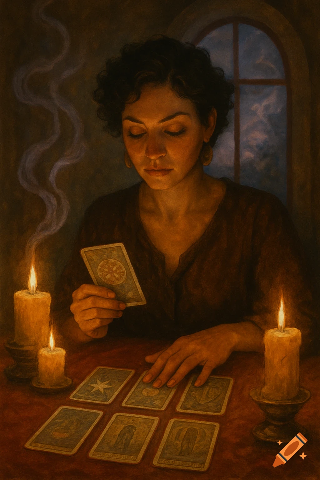 A woman with short curly black hair reads tarot cards by candlelight on a red table, with wisps of smoke rising.