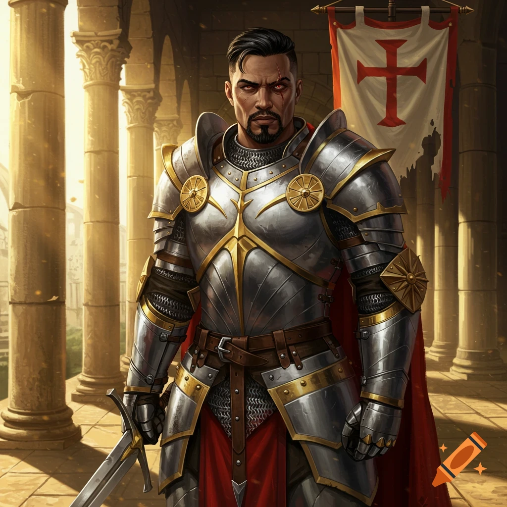A proud Latino paladin in silver and gold heavy plate armor with a red cape, holding a sword in a temple setting.