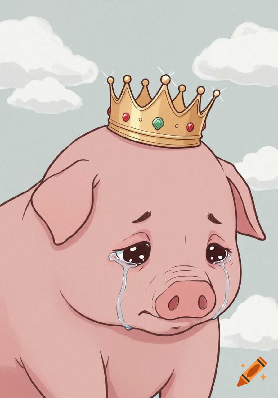 A very sad cartoon pig with big tears streaming down its face, wearing a golden crown, set against a light blue sky with white clouds.