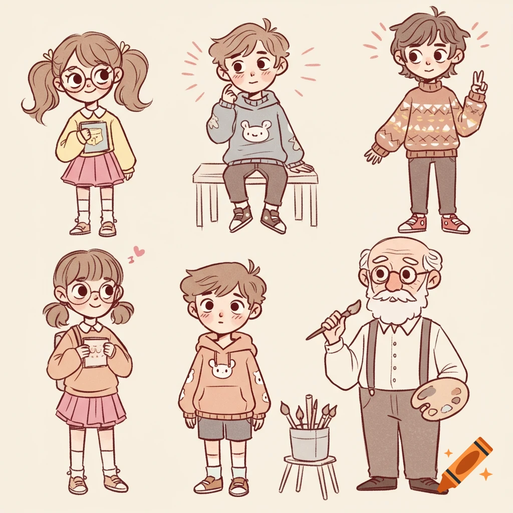Six cute cartoon characters in various poses, including girls, boys, and an elderly man, in a slice-of-life style.