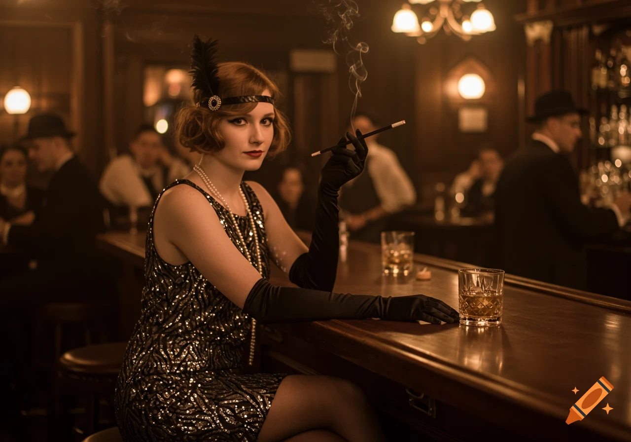 A young woman in 1920s flapper attire with a feather headband and long gloves sits at a dark bar, smoking a cigarette.