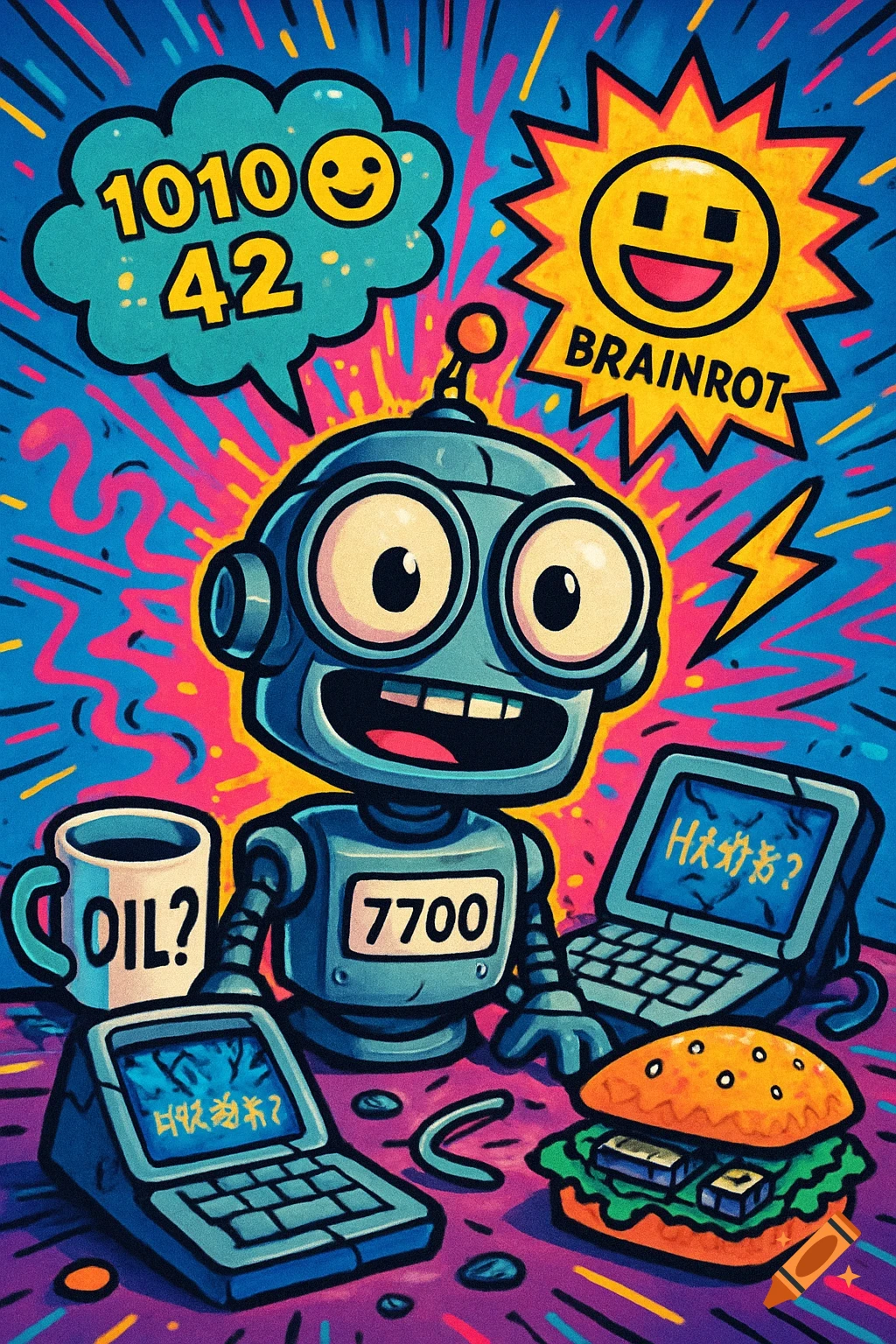 A stylized, colorful cartoon robot with big eyes smiles amidst bright, pop art-style elements, including speech bubbles with text like "1010 frequently with 🙂 42", "BRAINROT", "OIL?", and a number "7700" on its chest. Two laptops show garbled text on their screens, next to a burger with blocky fillings.