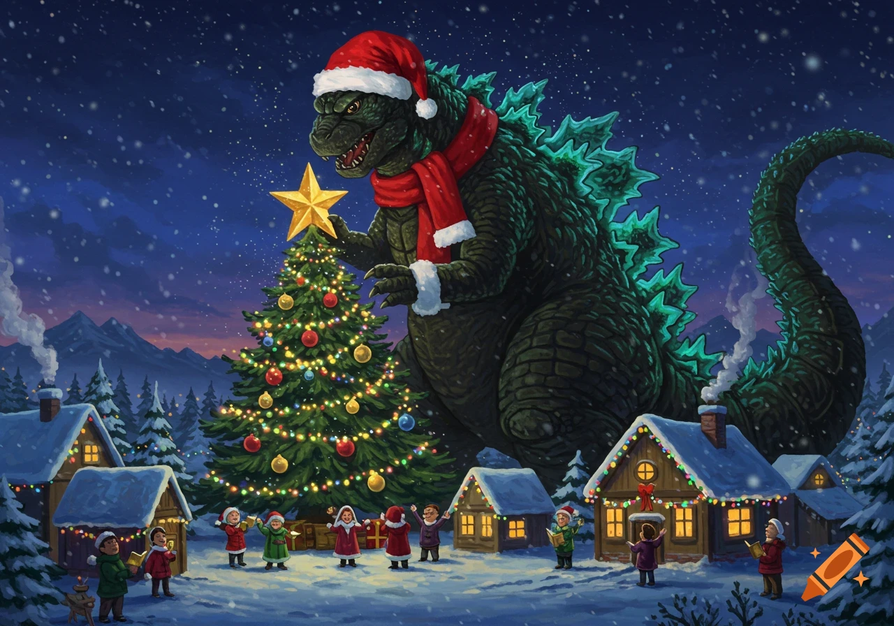 Godzilla in a Santa hat and scarf places a star on a Christmas tree in a snowy village where carolers sing, illustration.