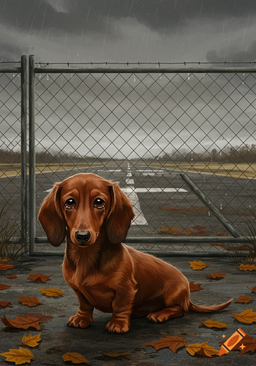 A sad, crying brown dachshund sits in the rain by a chain-link fence with fallen leaves, an airfield in the background.
