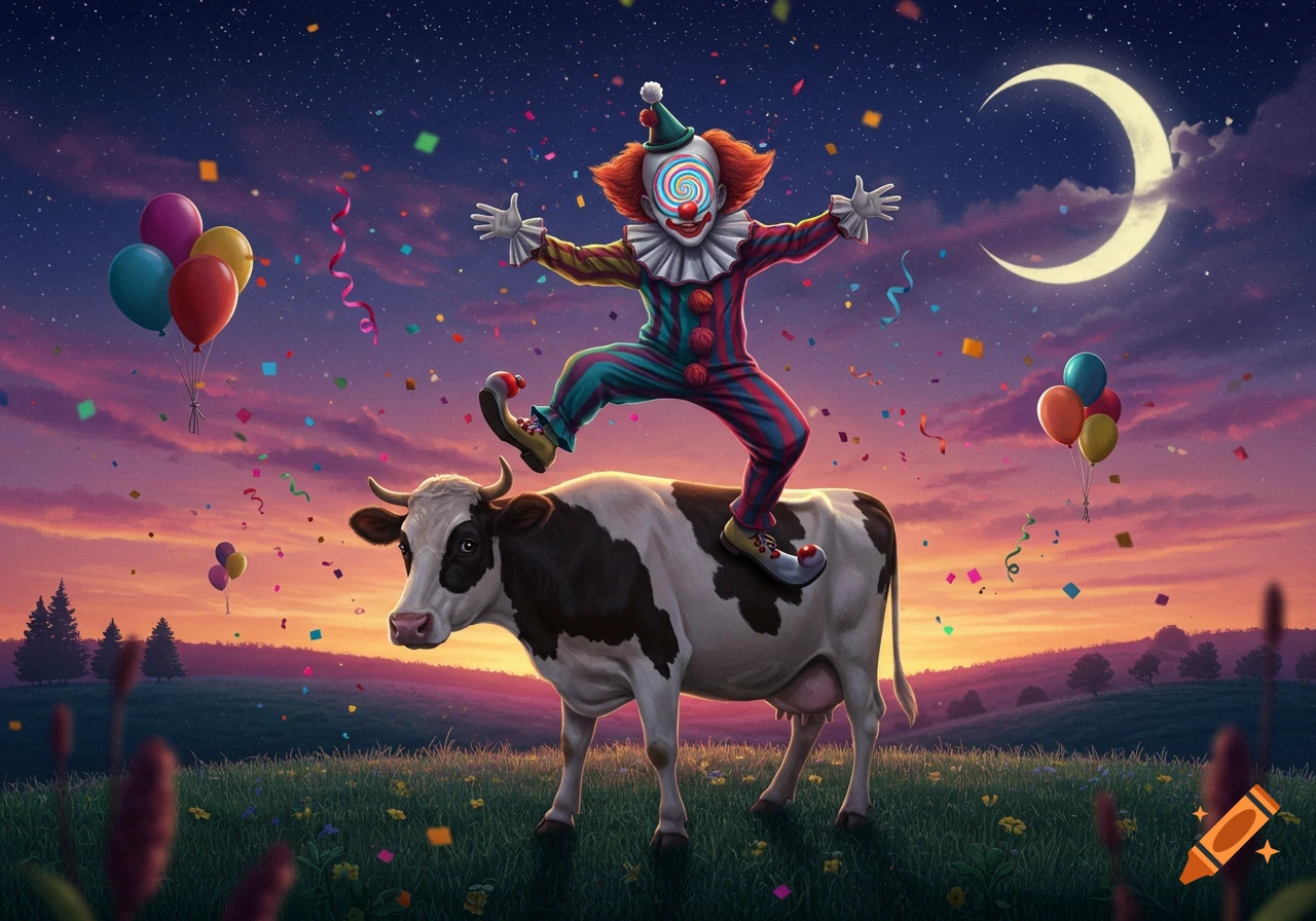 An illustrated clown with spiral eyes balances on a cow in a grassy field at sunset with confetti and balloons.