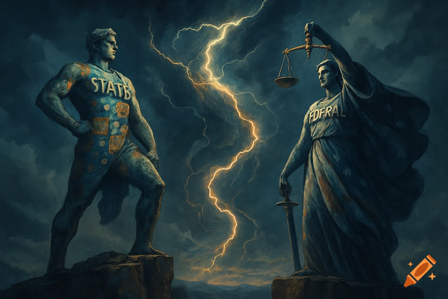 Two large stone statues, one labeled 'STATE' and one 'FEDERAL,' stand on cliffs facing each other, divided by a bolt of lightning under a stormy sky.