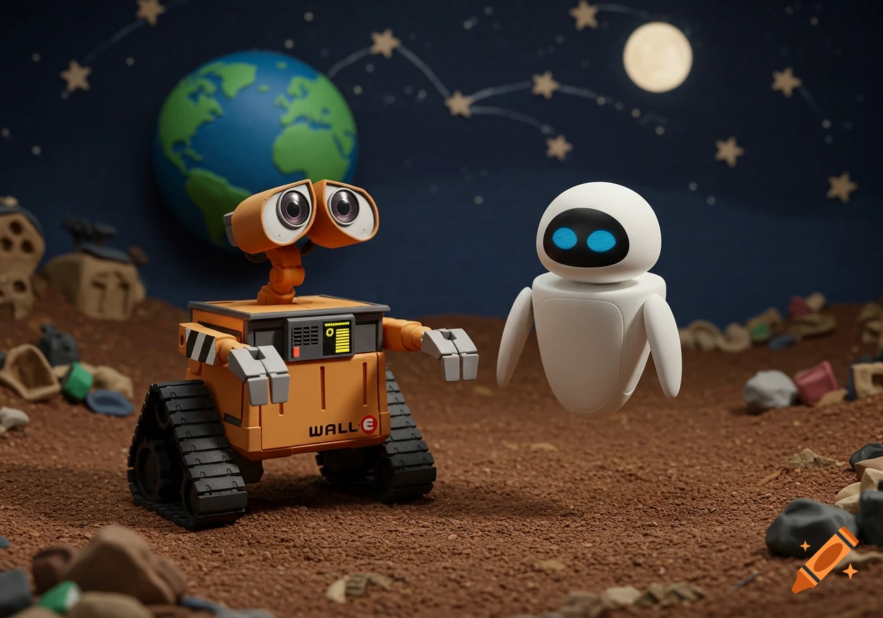 WALL-E and EVE robots on a moon-like surface with Earth in the background, in Aardman clay style.
