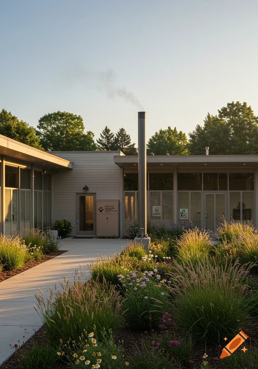 A modern building with a tall chimney emitting smoke, surrounded by lush landscaping and a concrete path under warm sunlight.