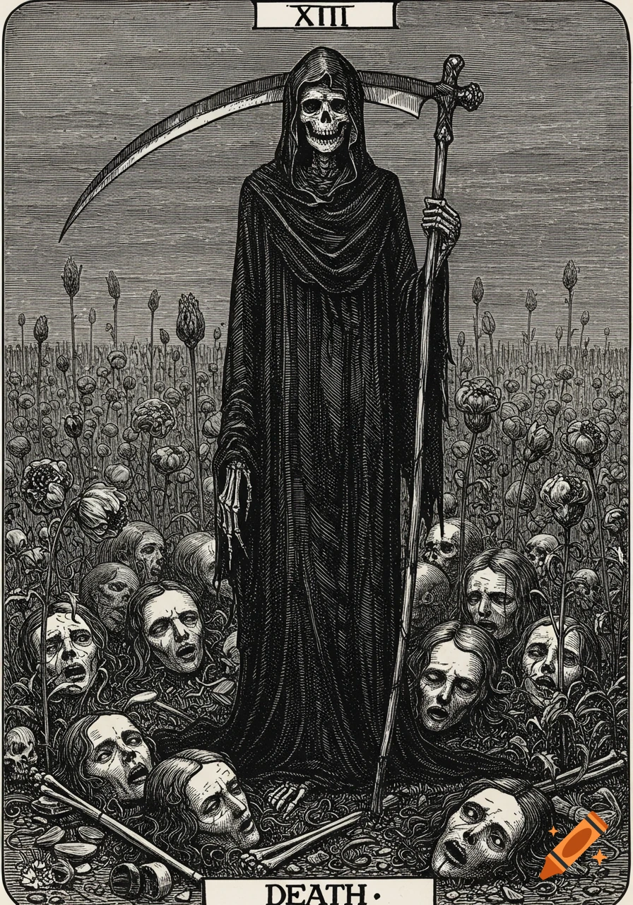 A black and white etching of the Grim Reaper, a skeletal figure in a dark robe holding a scythe, standing in a field of human heads and dead flowers.