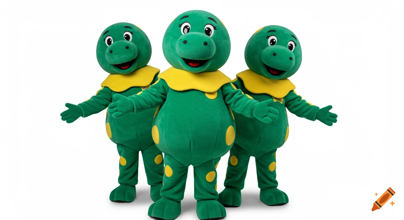 Three green Dorothy the Dinosaur mascots with yellow collars stand in a line against a white background.
