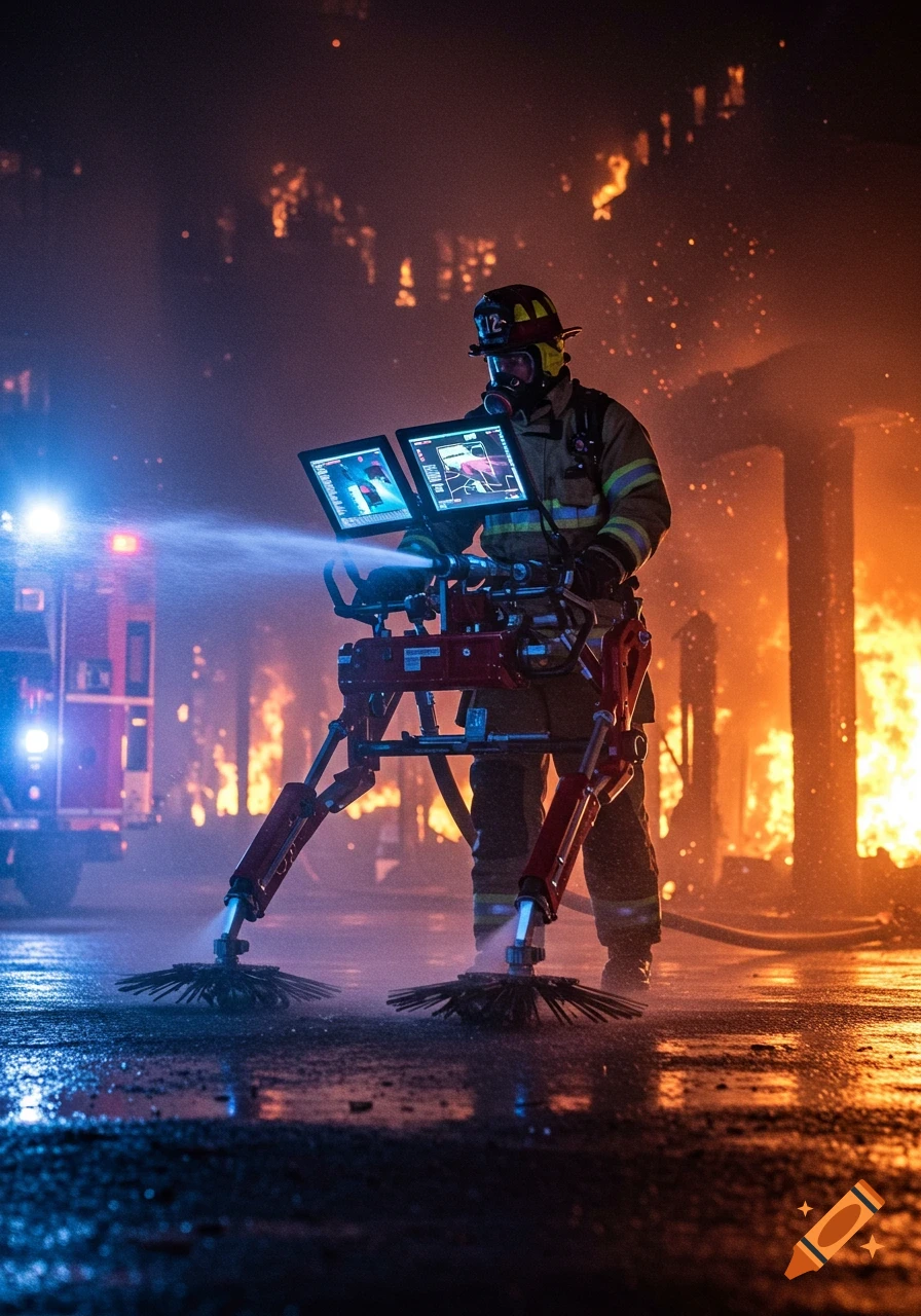 A futuristic firefighter in protective gear uses a robotic walker with ground sweep nozzles and dual monitors to douse a large fire with water, surrounded by smoke and flames.