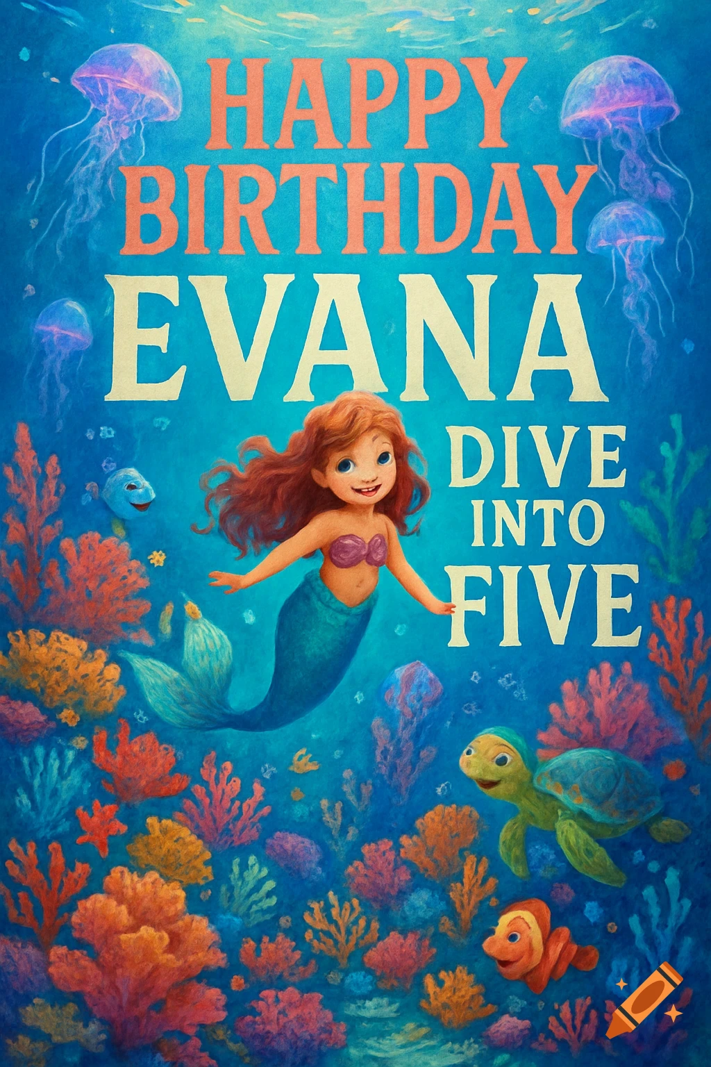 Vibrant illustration of a mermaid and sea creatures underwater with 'HAPPY BIRTHDAY EVANA DIVE INTO FIVE' text.