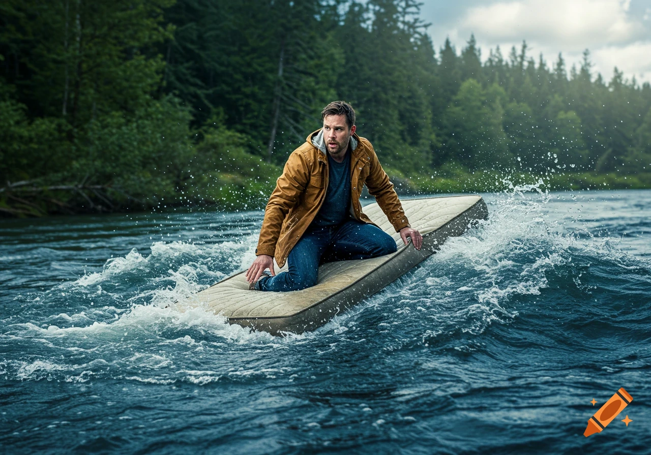 A man in a jacket and jeans rides a mattress down a turbulent river, with forests on the banks.
