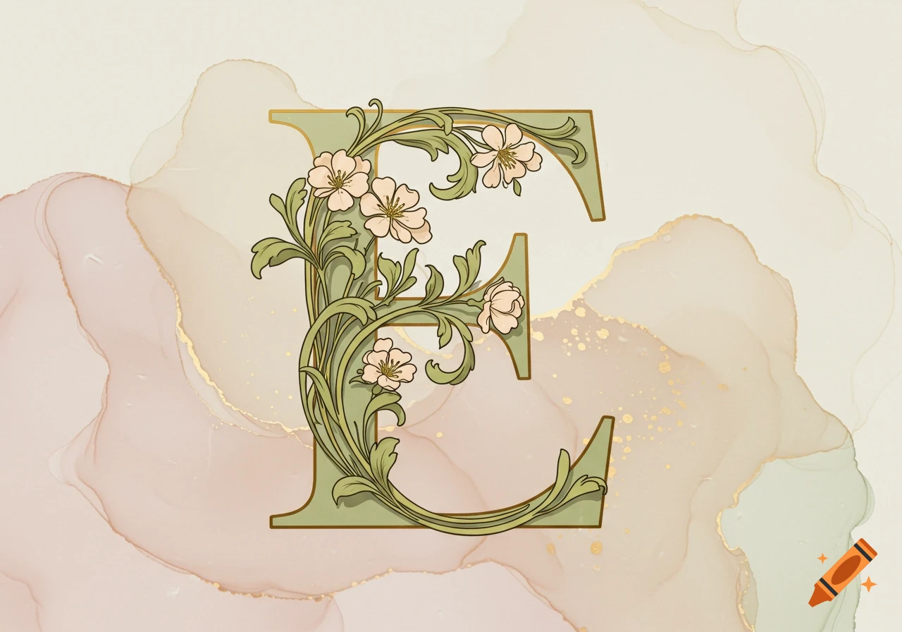 An elegant, ornate letter E with green vines and pink flowers on a soft, blush and gold watercolor background.