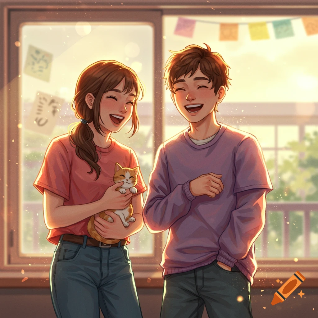 Anime illustration of two smiling teen friends, one holding a cat, in a sunlit room with warm, dreamy lighting.
