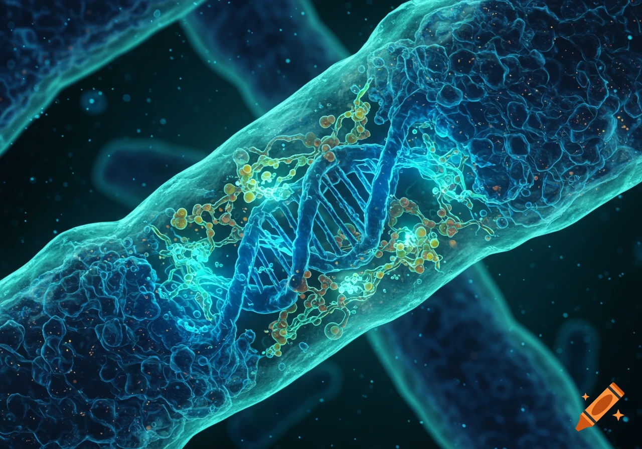 Close-up of a glowing blue DNA double helix inside a translucent teal cell with scattered particles.