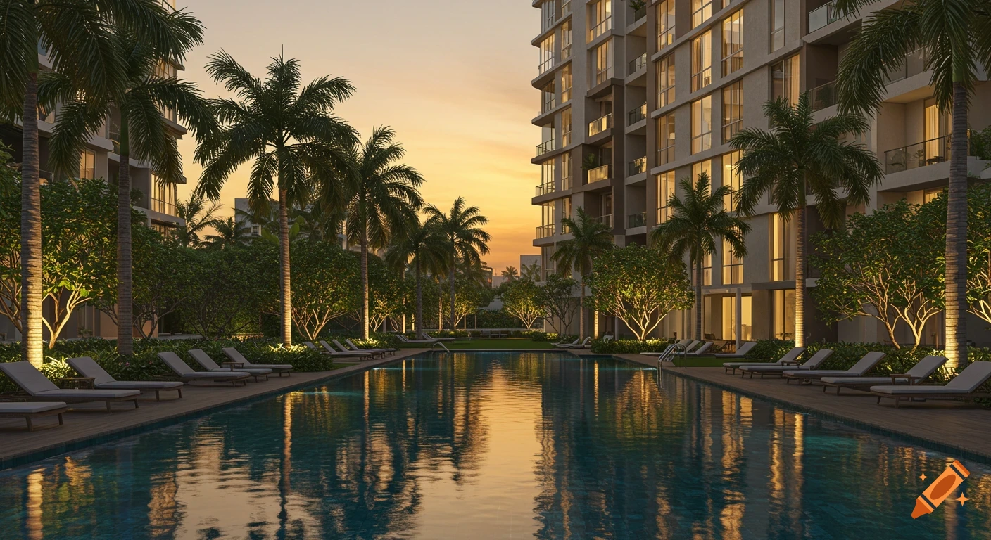 Luxurious modern condominium at sunset with an infinity pool, lounge chairs, palm trees, and illuminated gardens. Photorealistic.