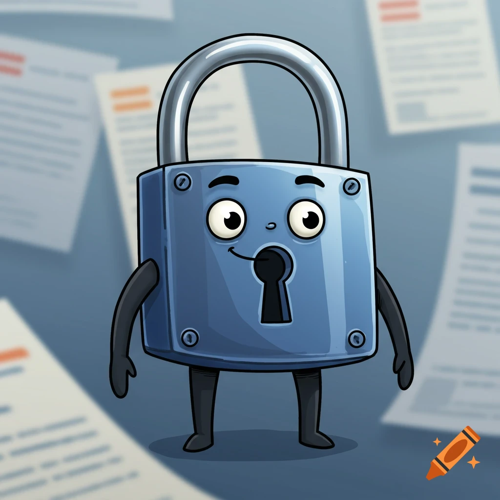 A friendly, smiling blue cartoon padlock character with arms and legs stands in front of blurred documents.