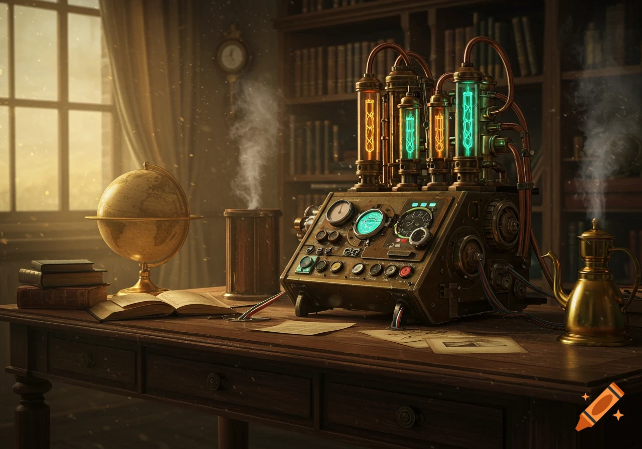 A detailed steampunk machine with glowing orange and green tubes, gauges, and pipes sits on a wooden desk next to a golden globe and books in a dim, dusty study.