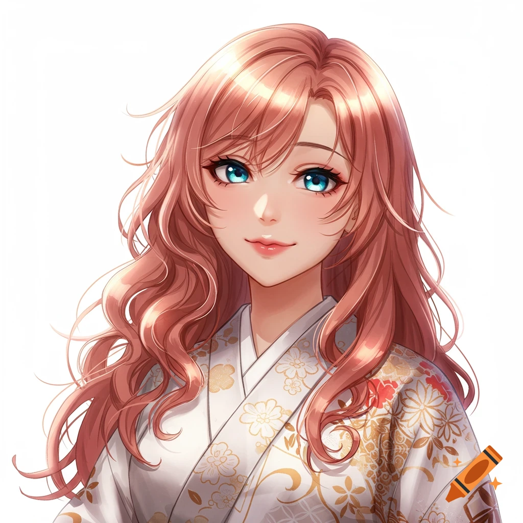 Anime portrait of a woman with pink hair and blue eyes, wearing a white kimono with gold and red floral patterns.