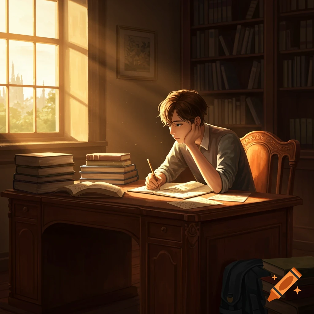 An anime-style student writes at a wooden desk in a sunlit library, surrounded by books.