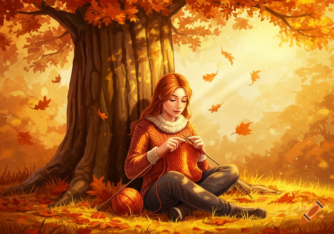 A stylized illustration of a woman with red hair knitting under a large tree amidst fallen orange leaves in a warm, autumnal forest.