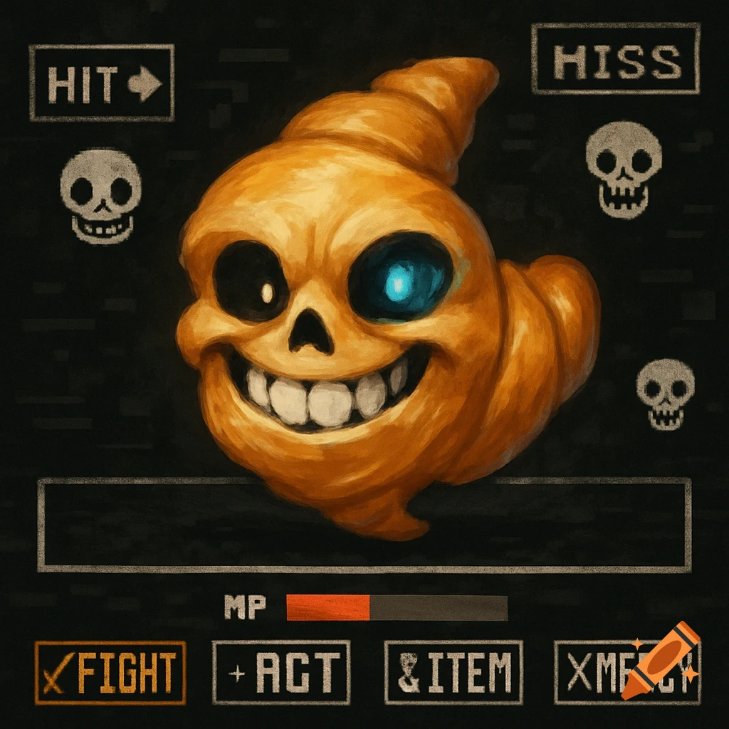 A golden, croissant-shaped skeleton character with one glowing blue eye smiles broadly within an Undertale-style pixelated battle interface.