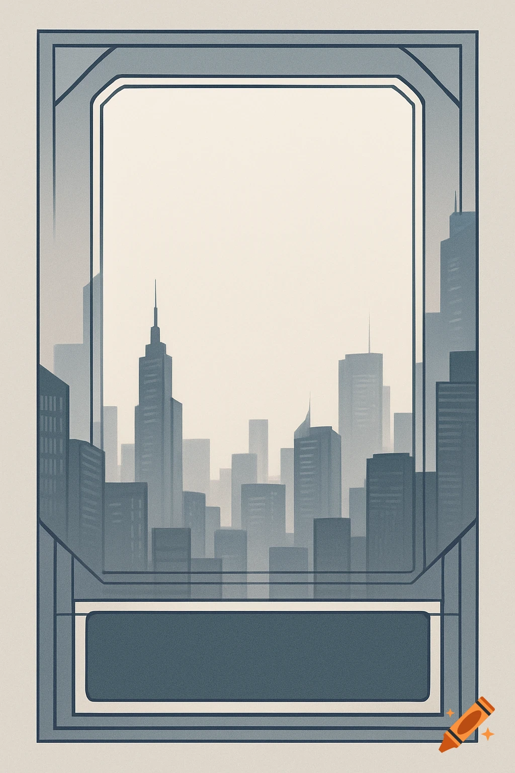 A minimalist, art deco style card template featuring a hazy blue cityscape silhouette within a framed border, with a large blank space for an image and a rectangular space for text.