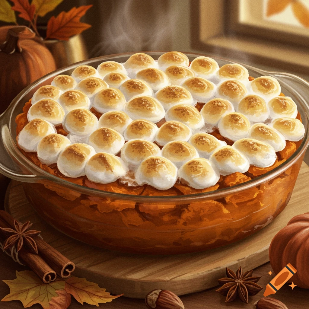 Artistic sweet potato casserole topped with toasted marshmallows, surrounded by pumpkins, cinnamon sticks, and fall leaves.