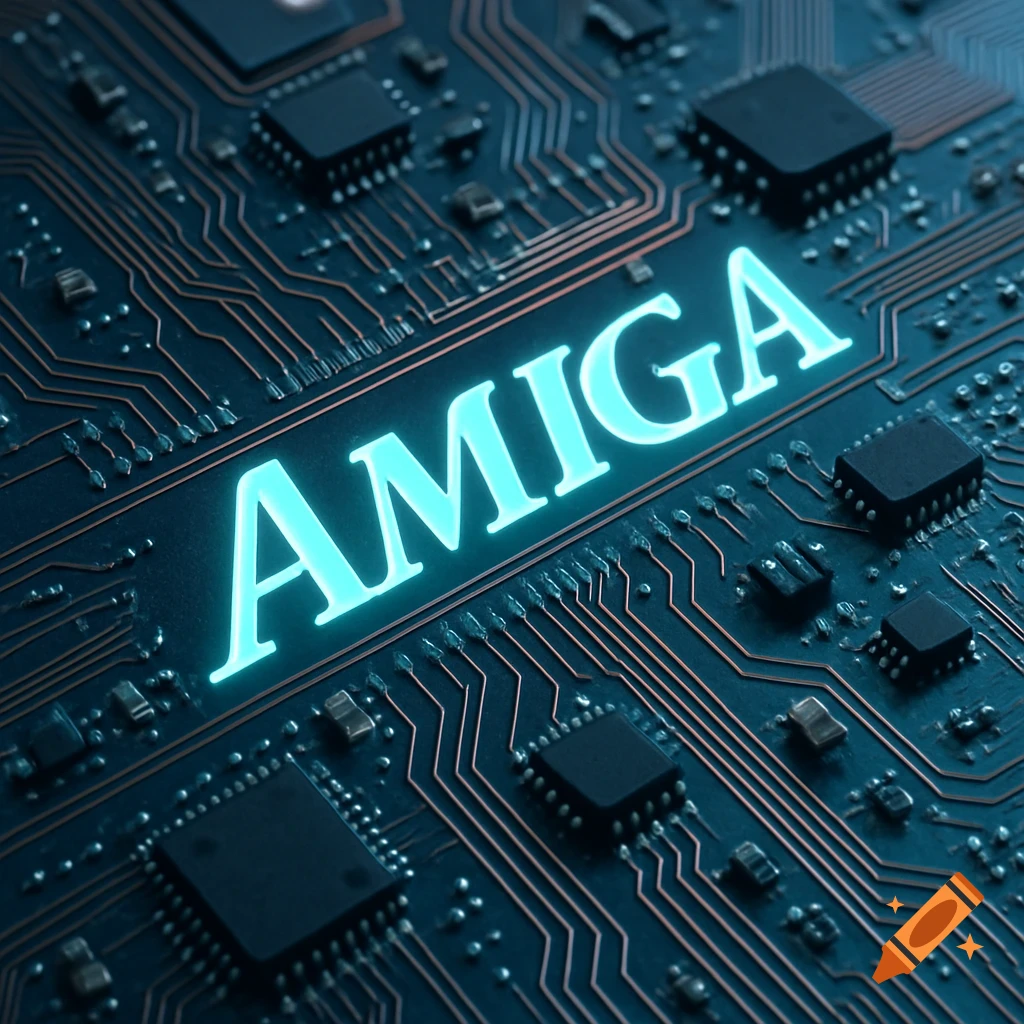 A close-up of a circuit board with the glowing cyan text 'AMIGA' embedded in its center.