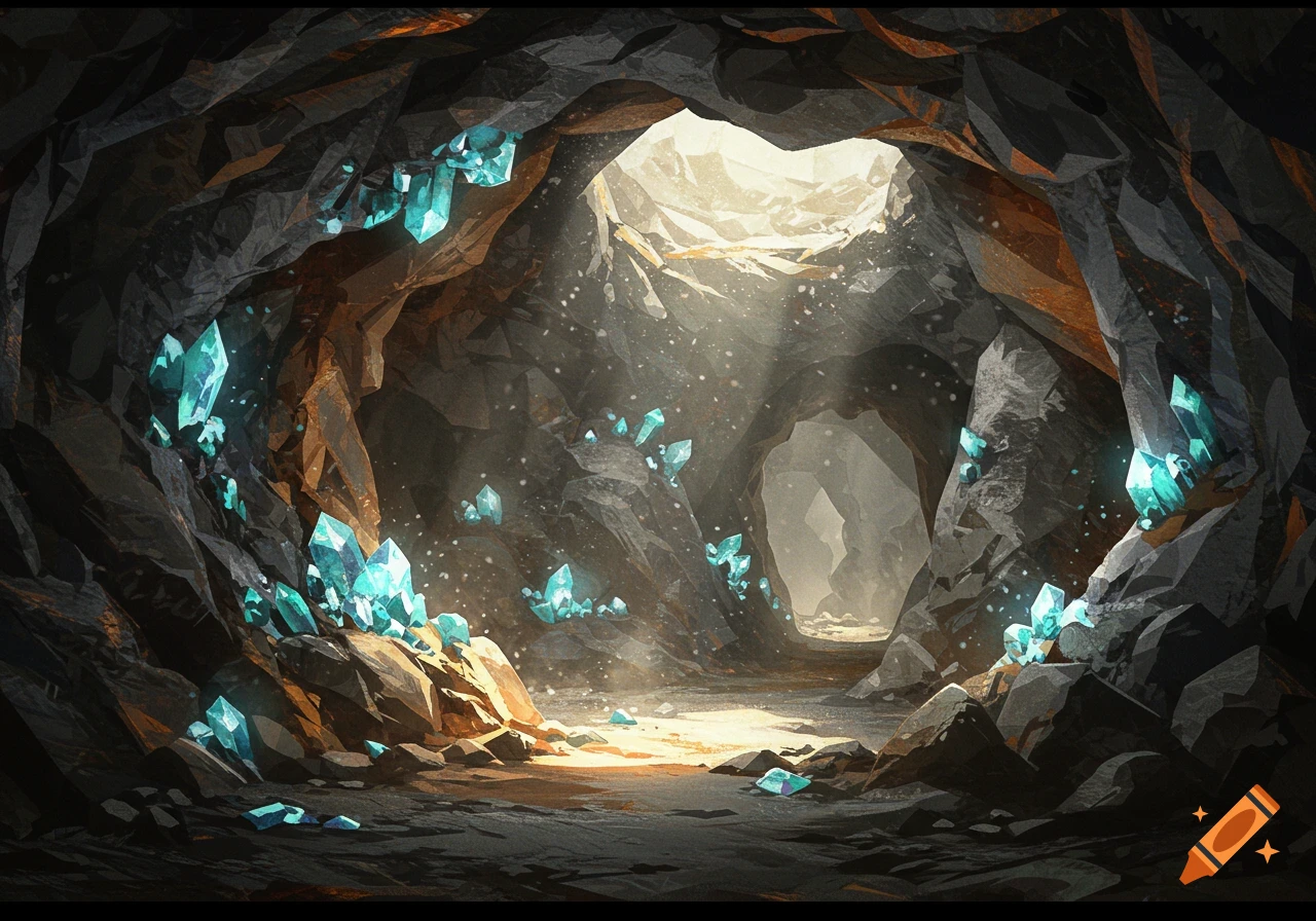 A dark, rocky cave illuminated by light from above, with numerous glowing turquoise crystals embedded in the walls.