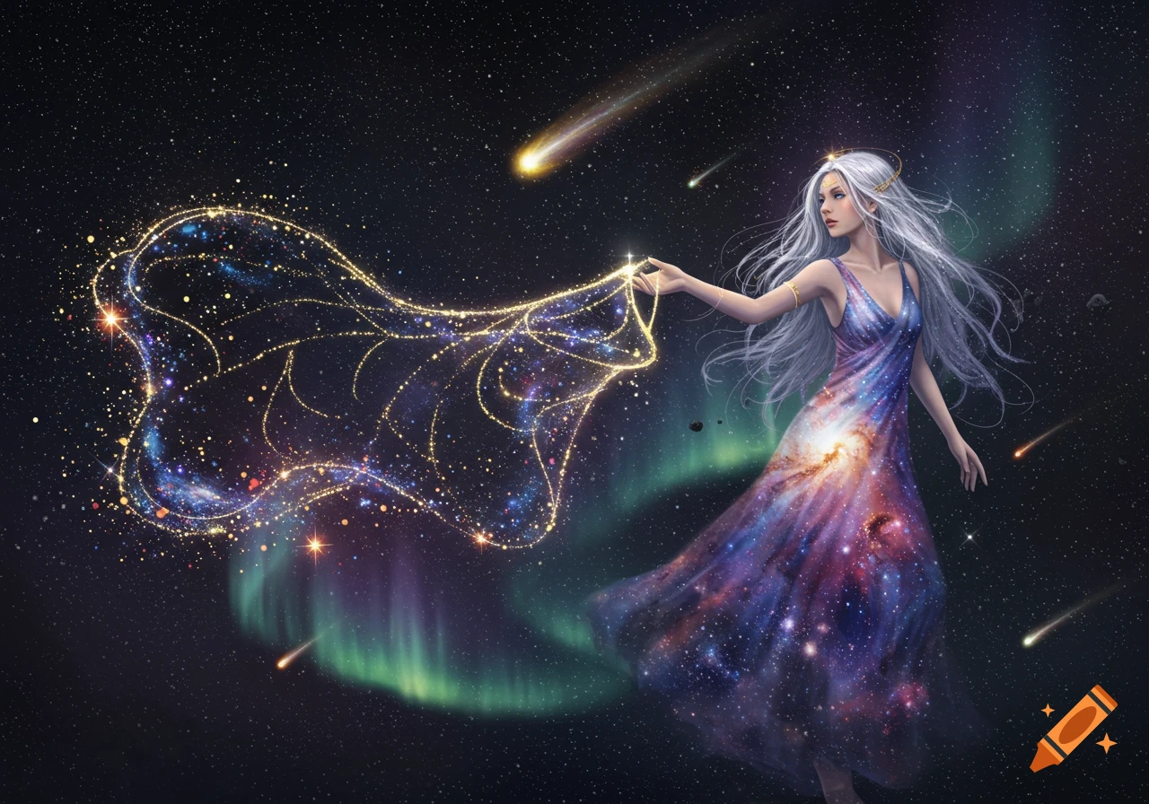 A goddess with long white hair in a galaxy-patterned dress casts a glowing net of stars and glitter across a dark, star-filled space with comets and aurora borealis.