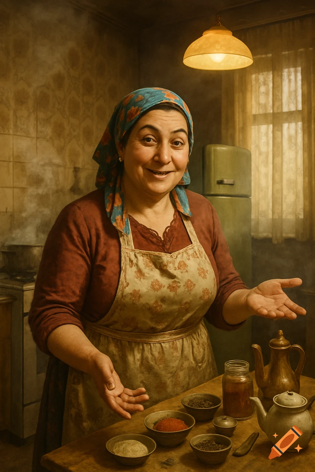 A smiling Turkish housewife in a 70s-style smoky kitchen, wearing an apron and headscarf, gestures at spices and teapots on a table.