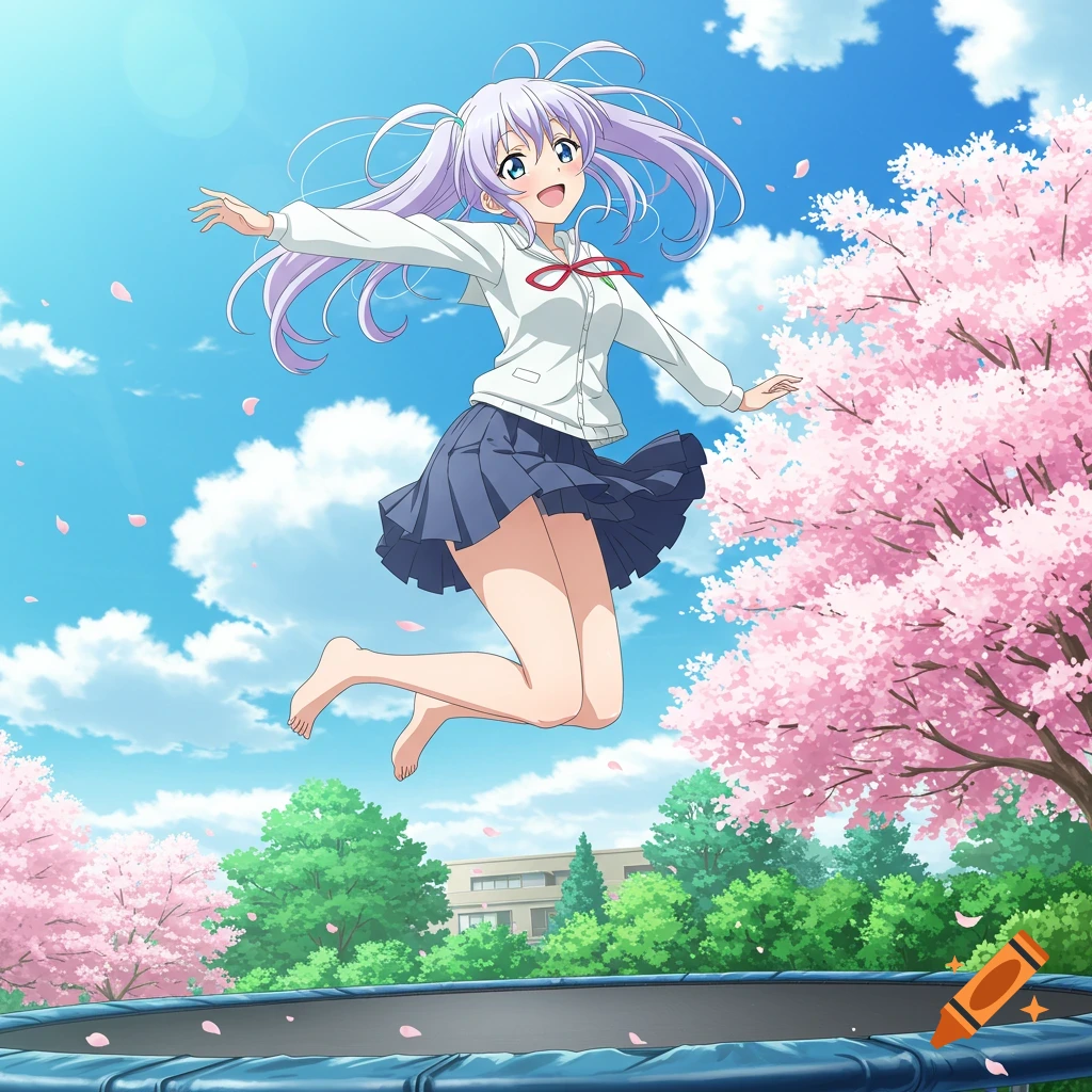 Anime girl with purple pigtails jumping barefoot on a trampoline amidst pink cherry blossom trees under a blue sky.