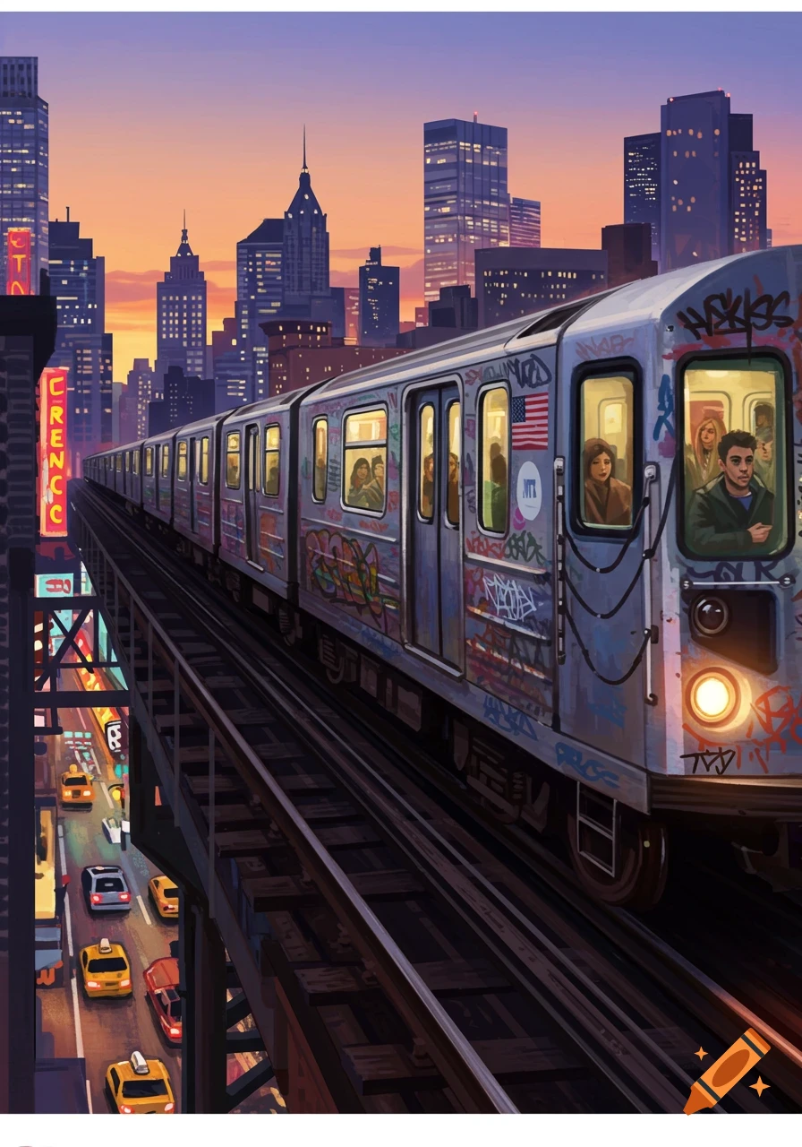 An elevated train covered in graffiti travels through a city at sunset, with tall buildings and street traffic below in a stylized illustration.