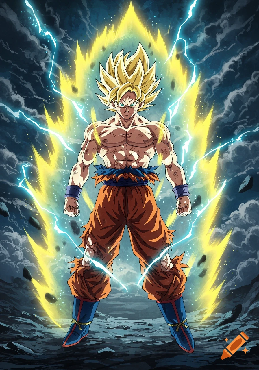 Goku in Super Saiyan form with golden aura and blue lightning, standing heroically against a dark, stormy background in anime style.