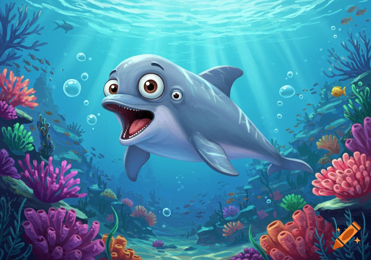 A cartoon dolphin with wide eyes and an open mouth looks comically horrified in a vibrant underwater coral reef.