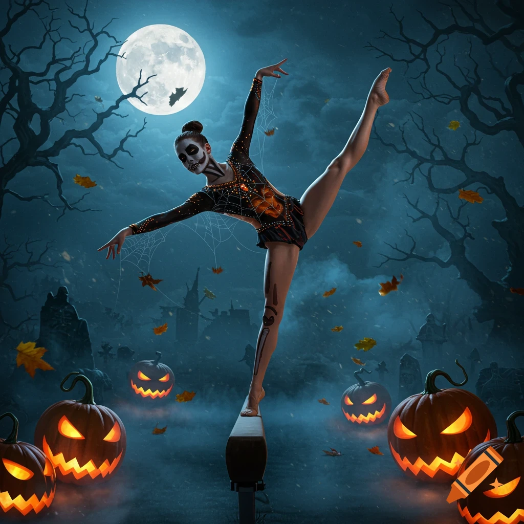 A gymnast in a skeleton Halloween costume balances on a beam in a spooky graveyard with jack-o'-lanterns under a full moon.