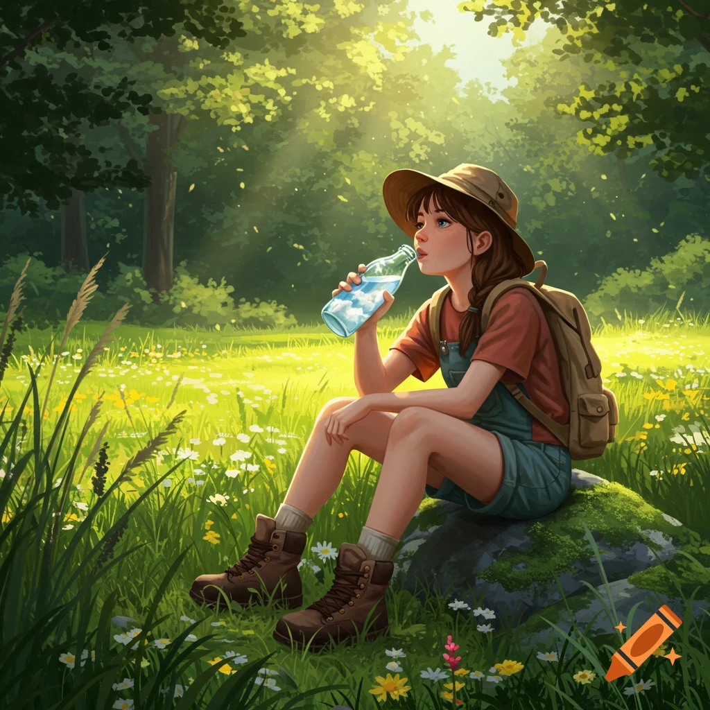 Illustrated hiker girl sips from a cloud-filled bottle, sitting on a mossy rock in a sunny meadow with a lush forest background.